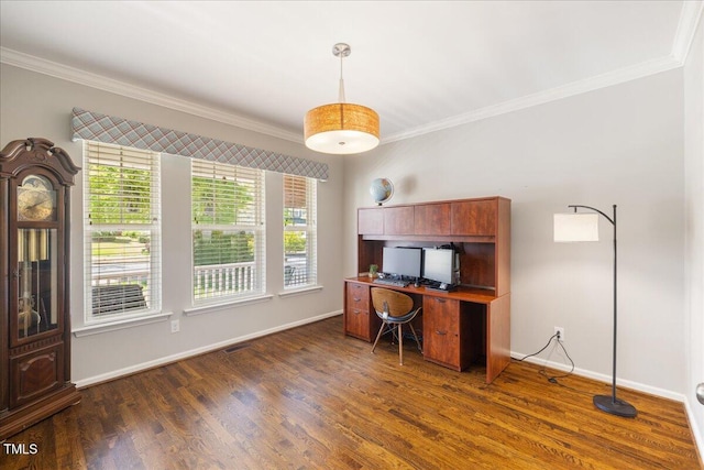 office featuring crown molding, dark wood-type flooring, and baseboards