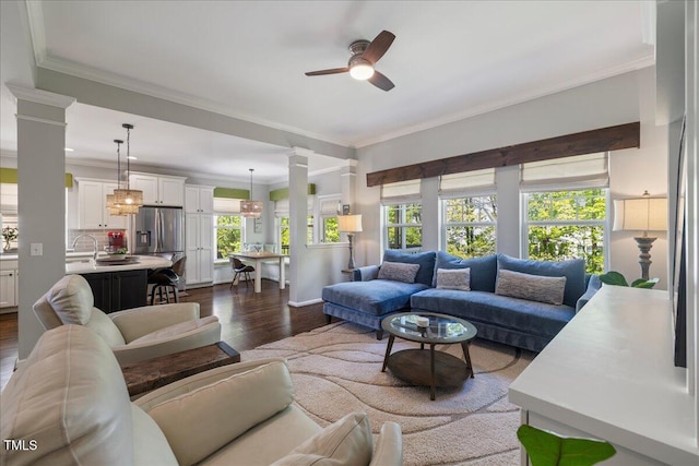 living area with ceiling fan, dark wood-style flooring, decorative columns, and crown molding