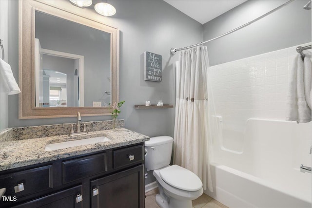 bathroom featuring toilet, vanity, shower / bath combination with curtain, and tile patterned floors