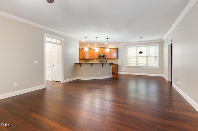 2106 Cloud Cover Ln, Raleigh, NC 27614 - unfurnished living room with baseboards, crown molding, and dark wood-style floors