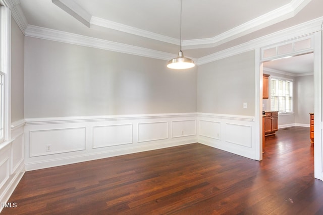 2106 Cloud Cover Ln, Raleigh, NC 27614 - empty room with wainscoting, ornamental molding, and dark wood-style flooring