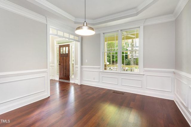 2106 Cloud Cover Ln, Raleigh, NC 27614 - unfurnished dining area with wood finished floors, visible vents, and ornamental molding