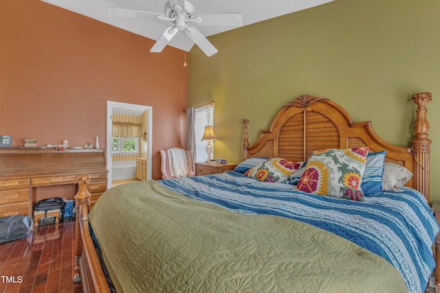 9332 Leslieshire Dr, Raleigh, NC 27615 - bedroom featuring wood finished floors, a towering ceiling, and a ceiling fan