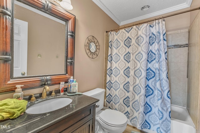 9332 Leslieshire Dr, Raleigh, NC 27615 - bathroom featuring shower / bath combination with curtain, toilet, a textured ceiling, crown molding, and vanity