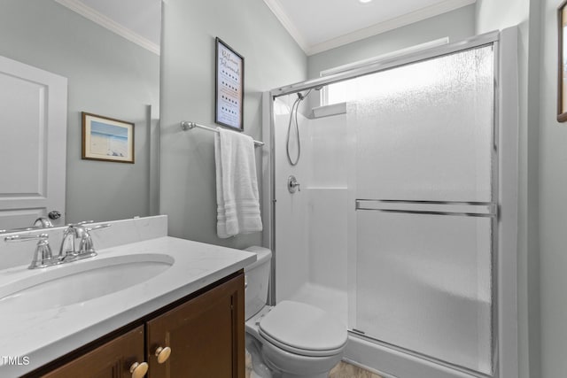 full bathroom featuring ornamental molding, toilet, a shower stall, and vanity