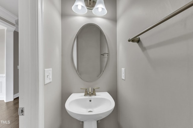 bathroom with a sink, a chandelier, and wood finished floors