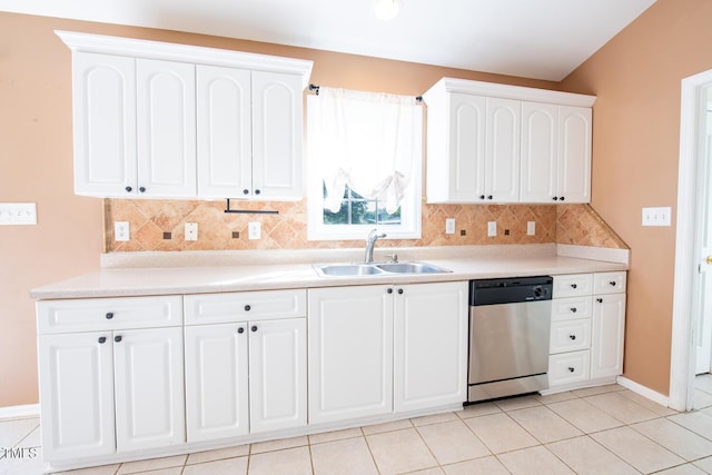 78 Cross Creek Ct, Timberlake, NC 27583 - kitchen with stainless steel dishwasher, a sink, decorative backsplash, baseboards, and white cabinetry