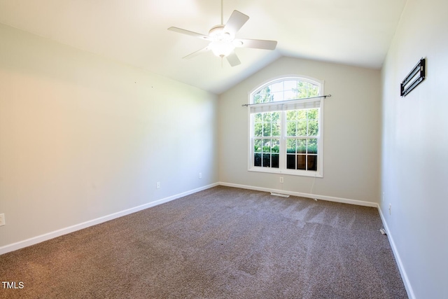 78 Cross Creek Ct, Timberlake, NC 27583 - unfurnished room with dark colored carpet, lofted ceiling, a ceiling fan, and baseboards