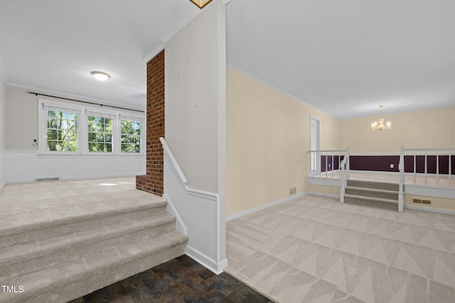 1304 Deboy St, Raleigh, NC 27606 - stairs with crown molding, visible vents, an inviting chandelier, and carpet