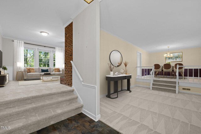 1304 Deboy St, Raleigh, NC 27606 - staircase with crown molding and carpet flooring