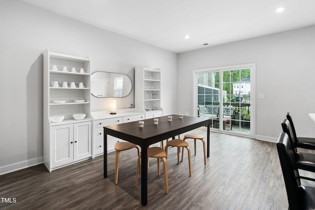 dining space featuring visible vents, baseboards, recessed lighting, and dark wood-style flooring