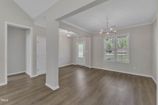 1077 Williams-White Rd, Zebulon, NC 27597 - unfurnished room featuring crown molding, a notable chandelier, dark wood finished floors, and baseboards
