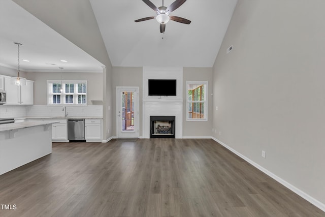 1077 Williams-White Rd, Zebulon, NC 27597 - unfurnished living room featuring wood finished floors, a sink, a ceiling fan, and a wealth of natural light