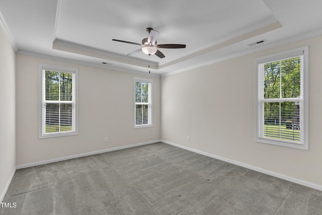1077 Williams-White Rd, Zebulon, NC 27597 - carpeted empty room featuring a raised ceiling, a ceiling fan, visible vents, and plenty of natural light
