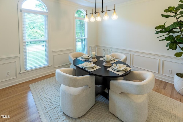 dining room featuring light wood-style floors, a decorative wall, plenty of natural light, wainscoting, and ornamental molding