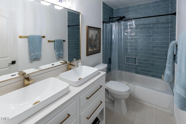bathroom with tile patterned flooring, toilet, shower / tub combo with curtain, and double vanity