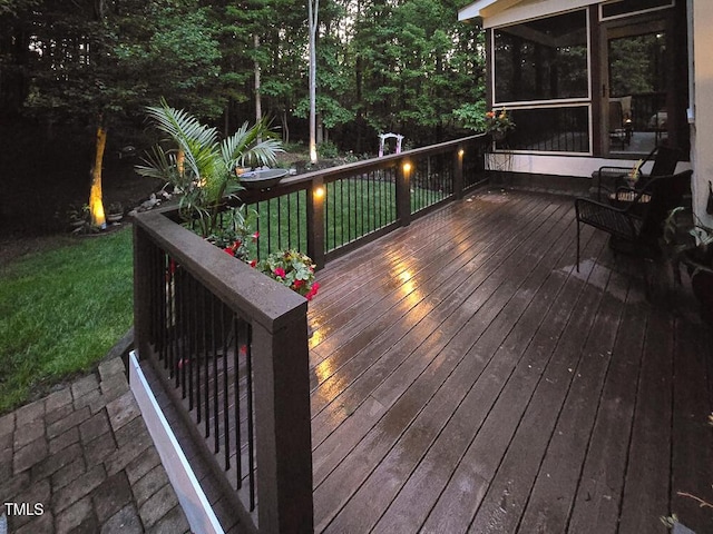 5025 Martin Farm Rd, Raleigh, NC 27613 - wooden deck featuring a sunroom and a yard