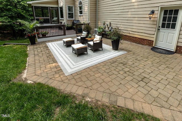 5025 Martin Farm Rd, Raleigh, NC 27613 - view of patio / terrace with an outdoor hangout area, a sunroom, and a deck