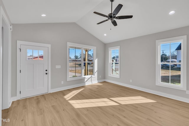 617 Ray St, Selma, NC 27576 - entryway featuring light wood-style flooring, ceiling fan, baseboards, and lofted ceiling
