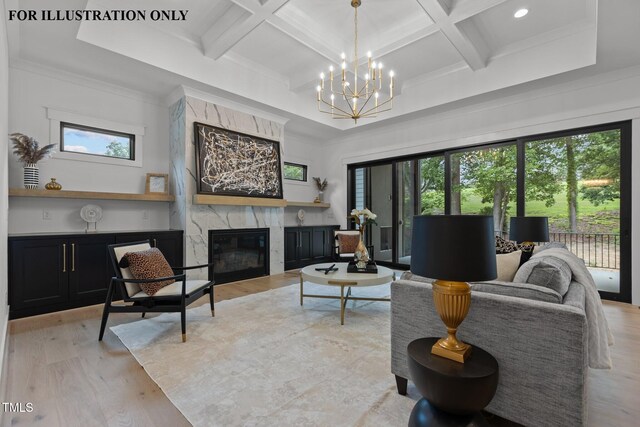 living room with coffered ceiling, a premium fireplace, and a healthy amount of sunlight