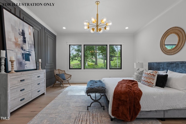 bedroom featuring a chandelier, recessed lighting, light wood finished floors, and crown molding
