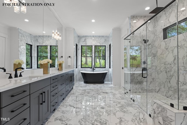 full bath with vanity, recessed lighting, a marble finish shower, a freestanding bath, and marble finish floor