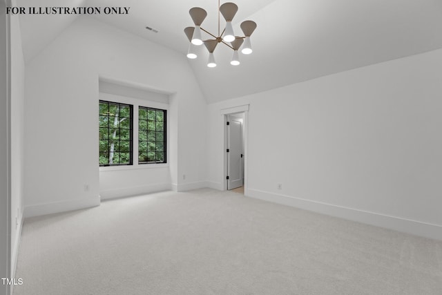 spare room featuring baseboards, a notable chandelier, vaulted ceiling, and light carpet