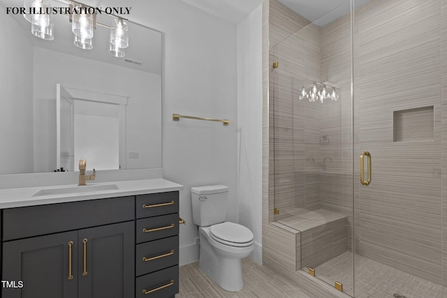 full bath featuring toilet, a stall shower, and vanity