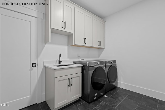 laundry room with washer and dryer, baseboards, a sink, and cabinet space