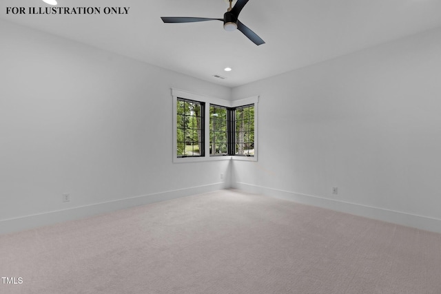 unfurnished room featuring baseboards, a ceiling fan, carpet, and recessed lighting