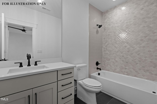 full bathroom featuring vanity, tile patterned flooring, toilet, visible vents, and bathtub / shower combination