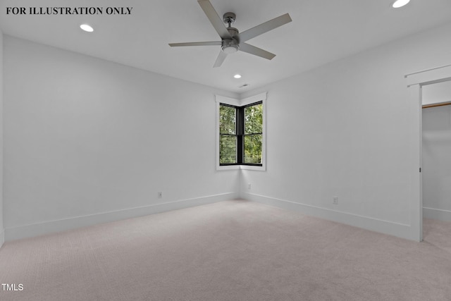 unfurnished bedroom featuring recessed lighting, light colored carpet, and baseboards