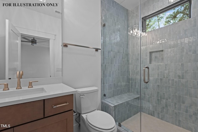 bathroom with vanity, a ceiling fan, toilet, visible vents, and a tile shower