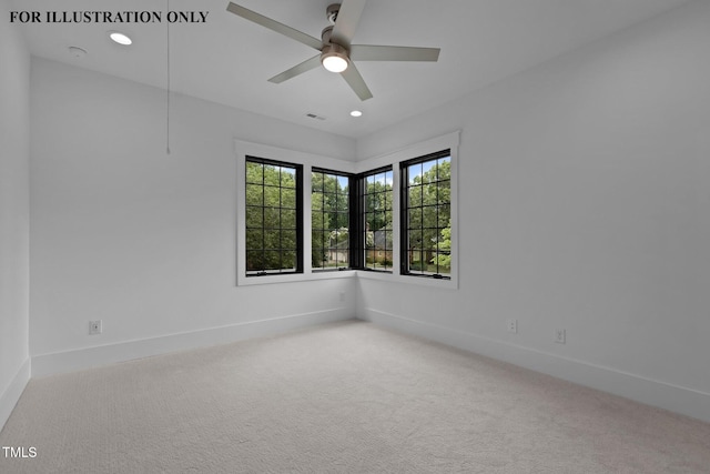 carpeted empty room featuring recessed lighting, visible vents, baseboards, and a ceiling fan