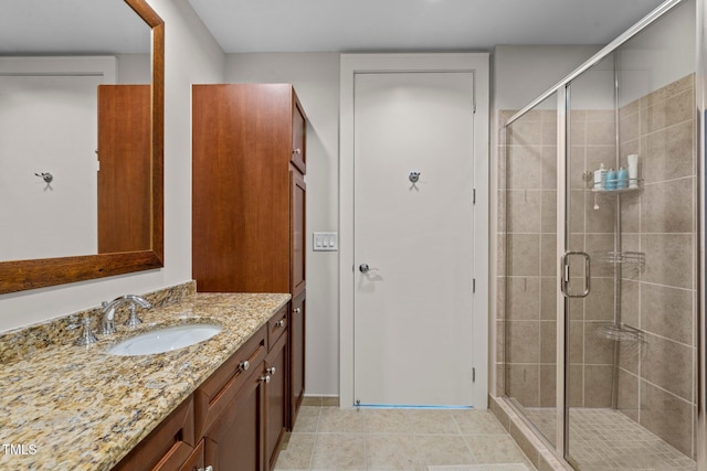 bathroom with a shower stall, vanity, and tile patterned floors