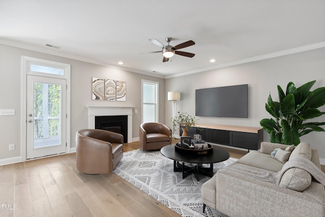 9220 Yardley Town Dr, Wake Forest, NC 27587 - living room with ceiling fan, crown molding, a glass covered fireplace, and a healthy amount of sunlight