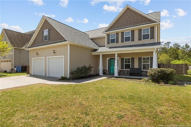 4016 Baywood Point Dr, Fayetteville, NC 28312 - craftsman house featuring a front yard, a porch, an attached garage, fence, and driveway