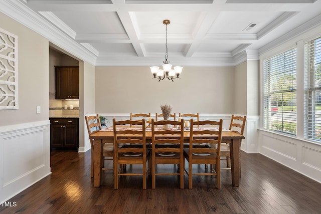 dining area featuring visible vents, an inviting chandelier, dark wood-style flooring, and a healthy amount of sunlight