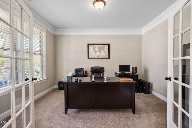 home office with crown molding, french doors, and light colored carpet