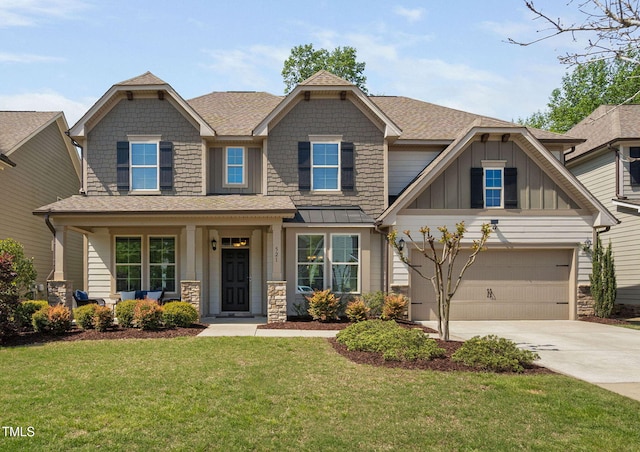 craftsman inspired home featuring board and batten siding, a shingled roof, a garage, driveway, and stone siding