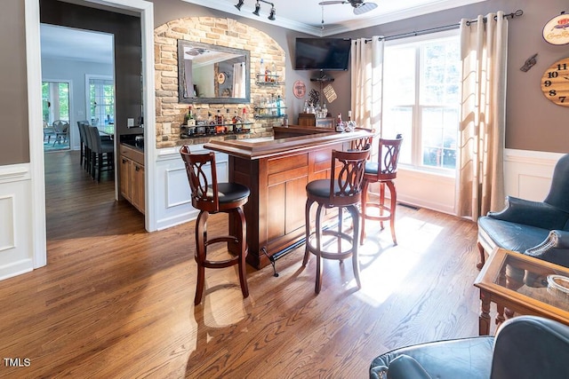 bar with a dry bar, wainscoting, wood finished floors, and ornamental molding