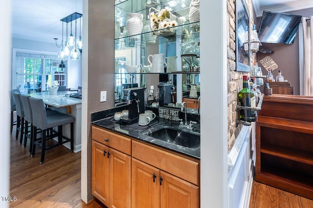 bar featuring a sink, pendant lighting, and wood finished floors