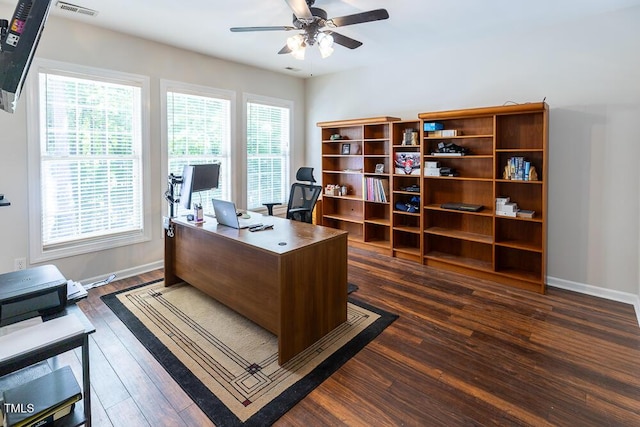 office featuring visible vents, baseboards, ceiling fan, and dark wood-style floors