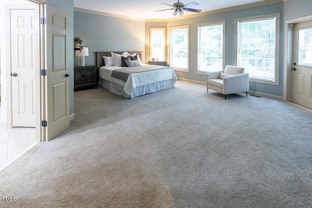 5129 Bartons Enclave Ln, Raleigh, NC 27613 - bedroom featuring carpet flooring, ornamental molding, baseboards, and ceiling fan