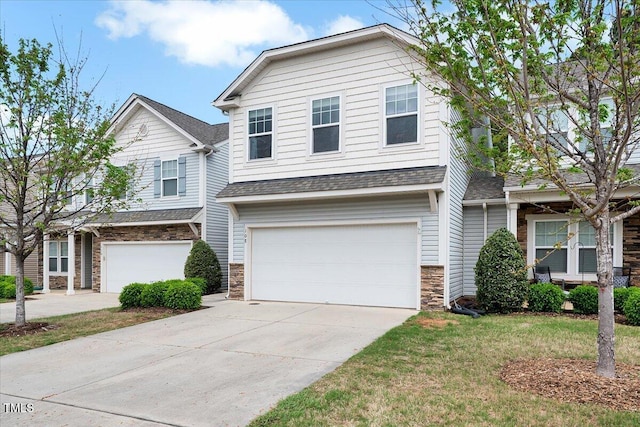 108 Princess Pl, Morrisville, NC 27560 - multi unit property featuring a front yard, stone siding, an attached garage, a shingled roof, and concrete driveway