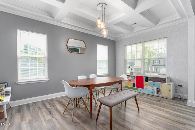 dining area featuring coffered ceiling, wood finished floors, baseboards, and plenty of natural light
