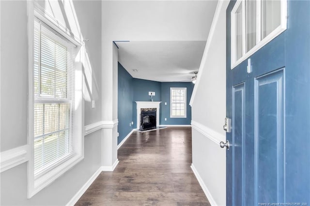entrance foyer featuring wood finished floors, baseboards, a ceiling fan, and a fireplace with raised hearth