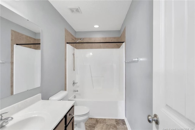 bathroom featuring vanity, shower / bathing tub combination, visible vents, and toilet