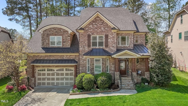 1512 Piazzo Ct, Apex, NC 27502 - craftsman house featuring a front lawn, concrete driveway, a garage, brick siding, and a standing seam roof