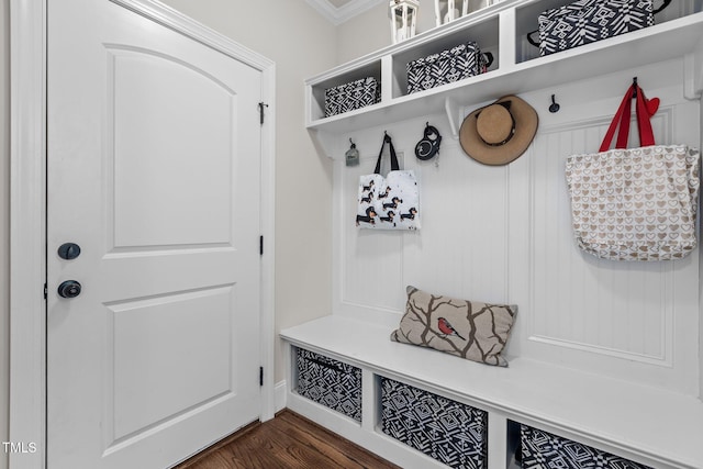 1512 Piazzo Ct, Apex, NC 27502 - mudroom with dark wood-type flooring and ornamental molding